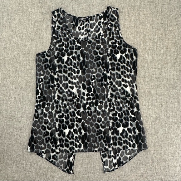 Express Snow Leopard Black Grey Tank Top Split‎ Back XS Sheer Blouse Scoop Neck - Picture 1 of 11